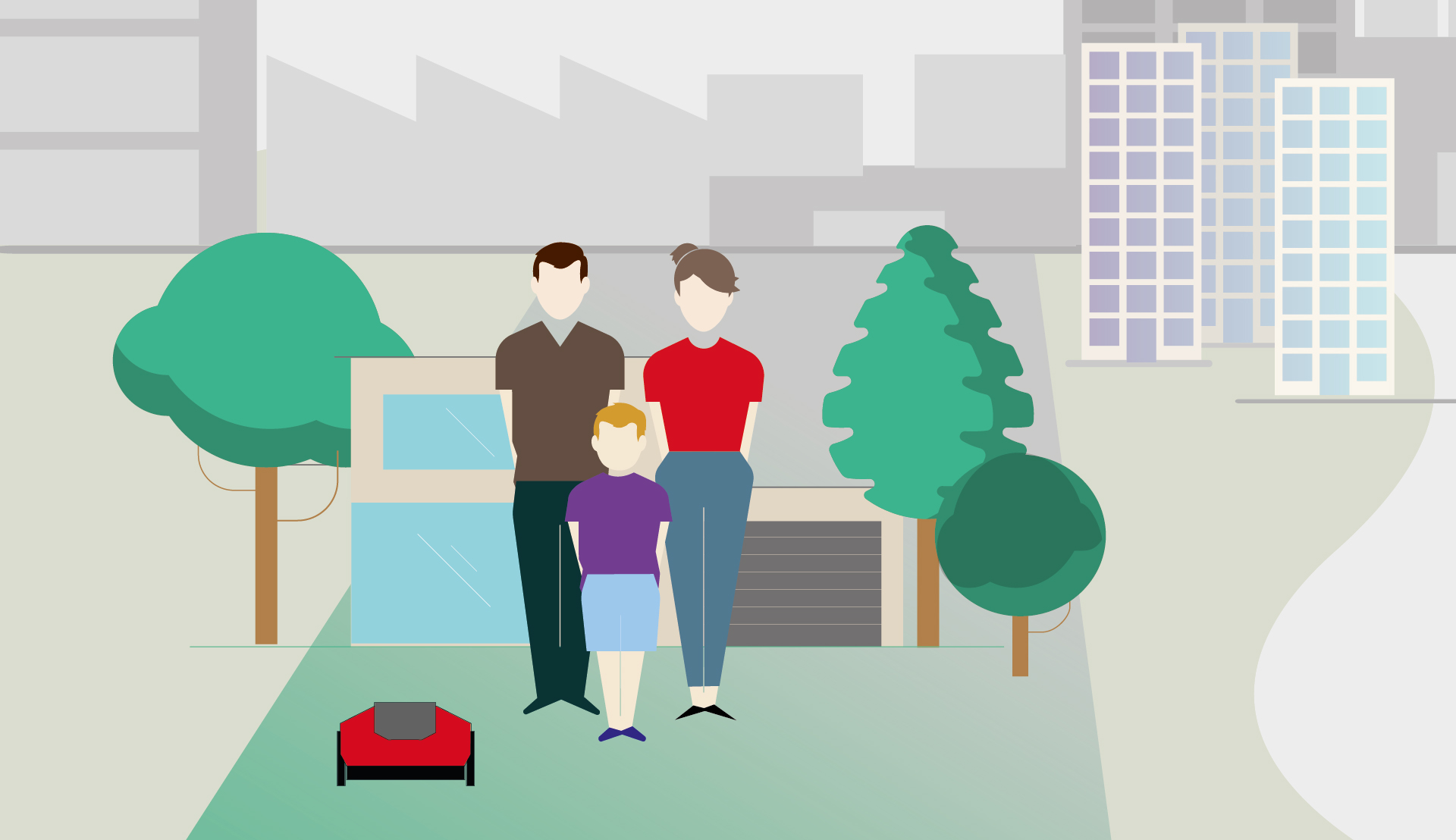 Graphic with scenario 1, which includes four future projections and shows that people are more likely to move from the city to the countryside and invest more in their own home.